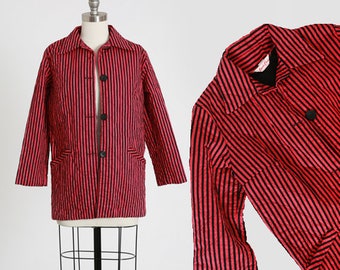 50s quilted jacket | Vintage 1950s pink + black striped cotton jacket | 1950s Carole Chris Sanforized jacket