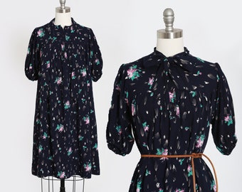 Dark floral cotton dress | Vintage 80s floral midi dress | 1980s ascot bow dress