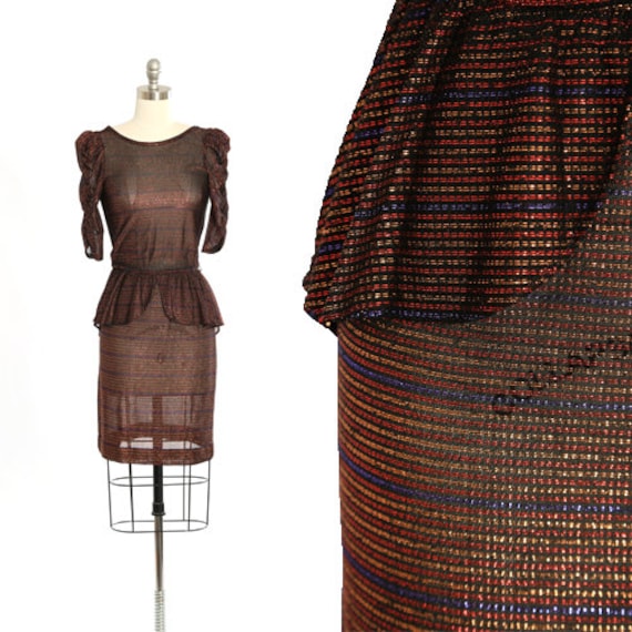 Vintage 70s semi sheer striped lurex peplum dress