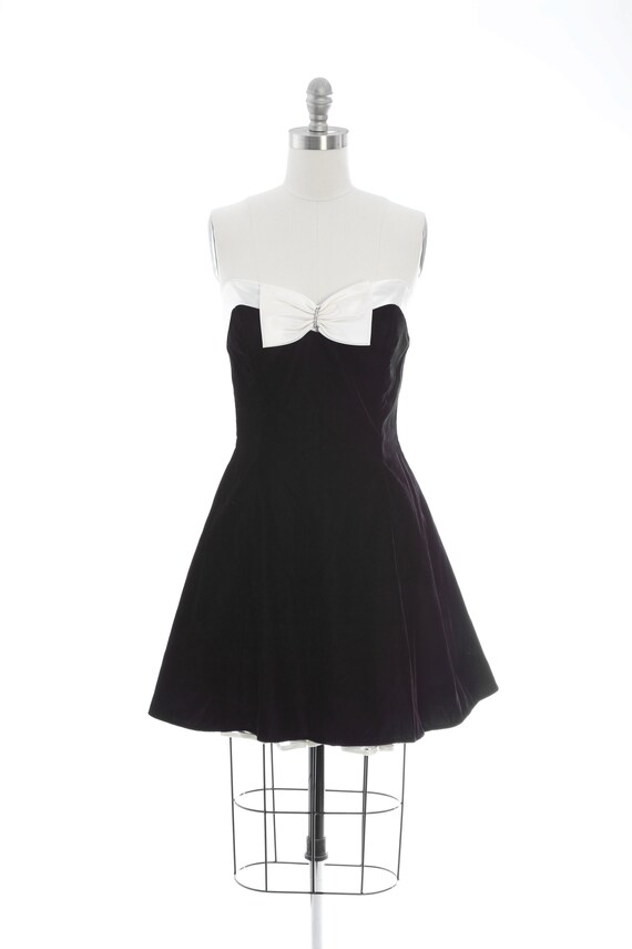 Tuxedo Mini Dress | Vintage 80s Black Velvet Tuxedo Dress | Jeweled Bow Party Dress