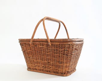 Antique Vintage wood wicker picnic basket