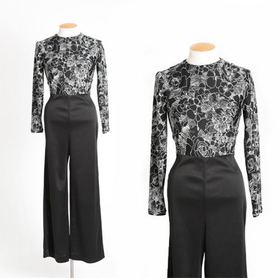 Floral jumpsuit | Vintage 70s black + white floral