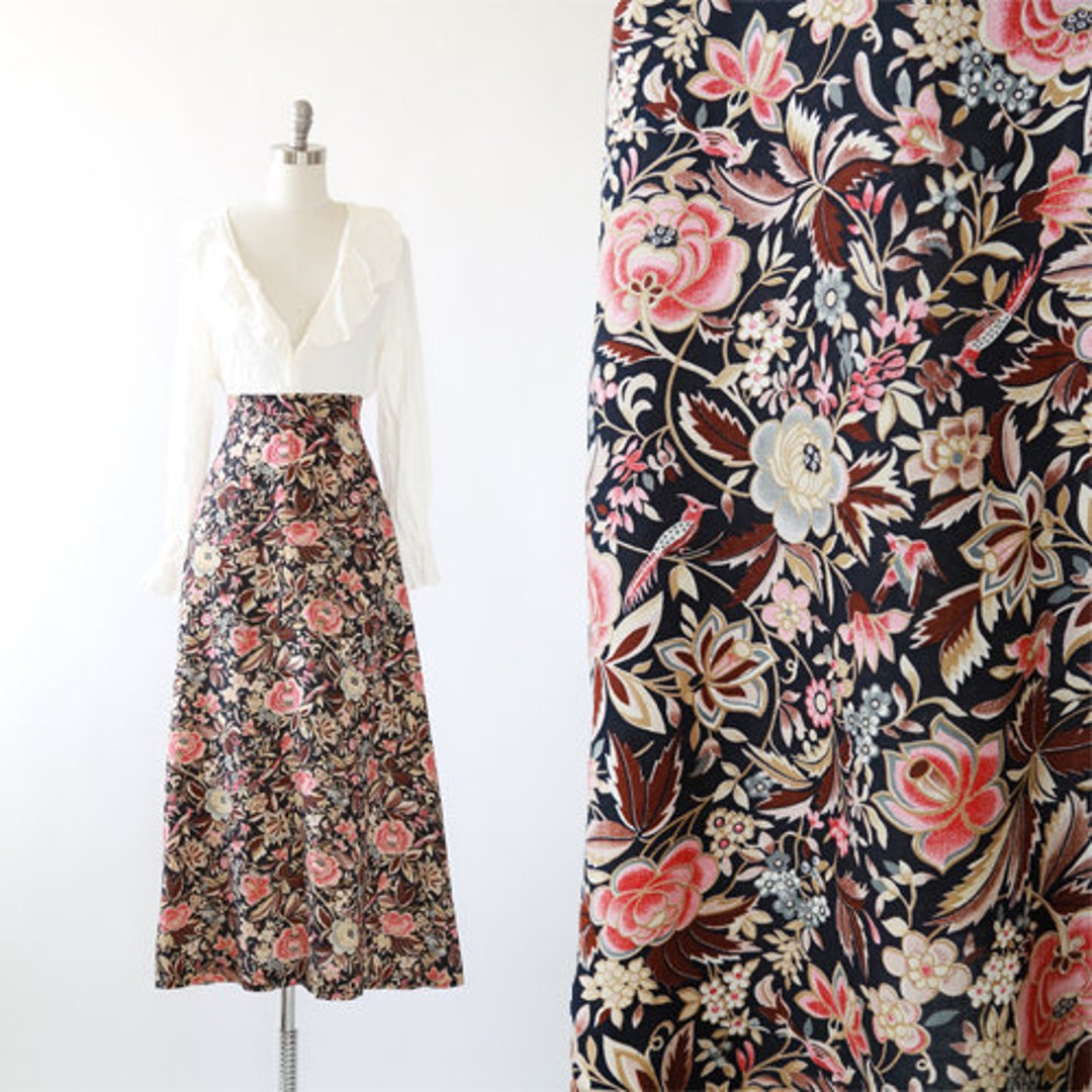 Floral Bird Maxi Skirt Vintage 70s High Waist Floral Skirt - Etsy