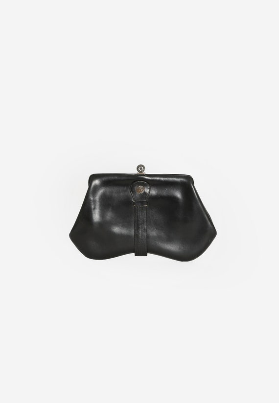 Antique vintage 1930s black leather clutch handba… - image 1