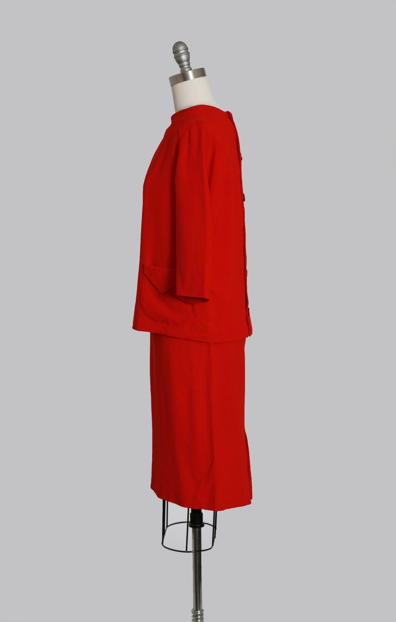 60s red wool suit Vintage 1960s red 2pc shift dress top suit Mid century Modern 2pc dress suit image 8