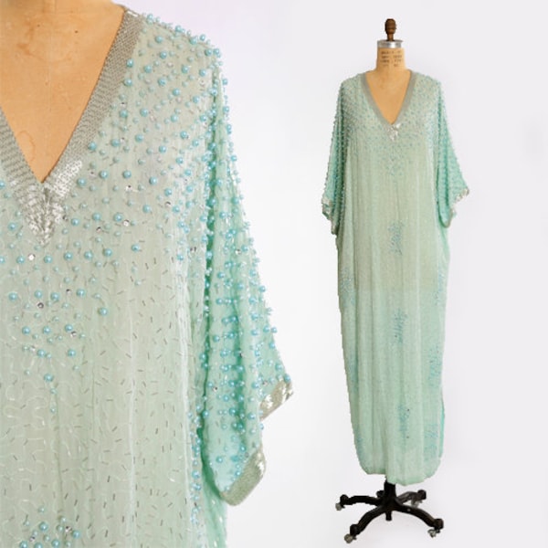 Vintage 80s 20s Judith Ann Plus beaded sequin silk caftan dress