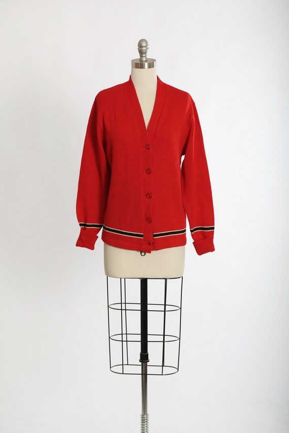 Vintage 50s red striped knit wool cardigan Varsity