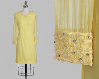 Canary yellow silk dress | Vintage 70s yellow silk beaded rhinestone mini dress