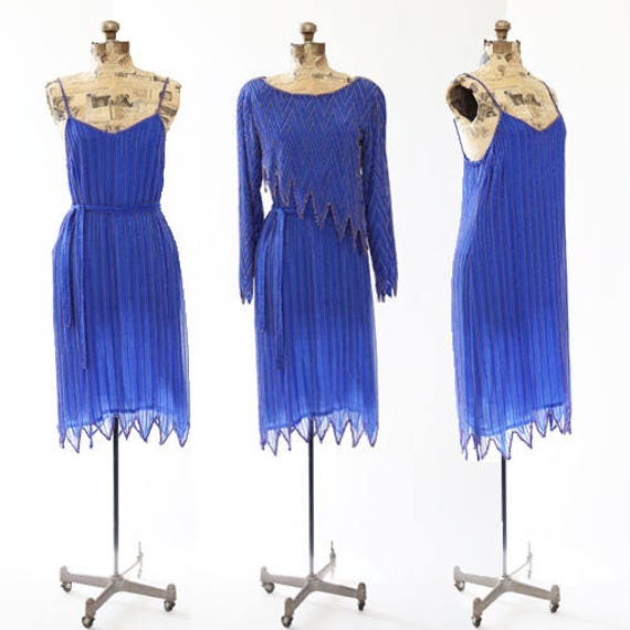 Vintage 70s Disco blue beaded silk dress | 1970s … - image 1