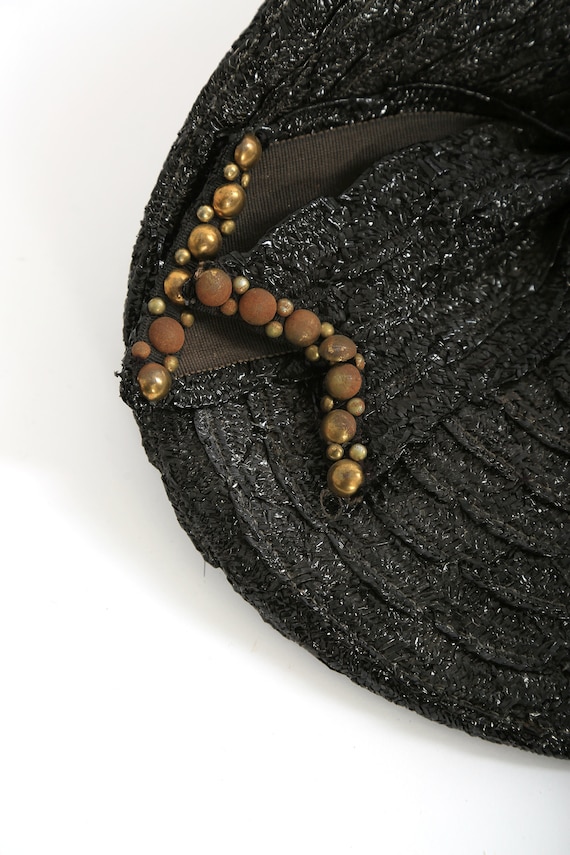 Vintage 1940s black studded straw hat - image 3