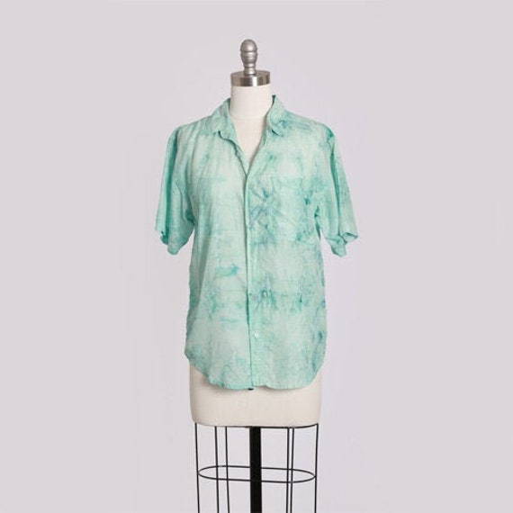 Ice dyed watercolor silk top | Vintage 80s blue si