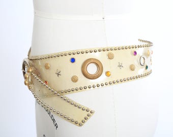 Vintage Clear Plastic Studded Belt Gold Tone Hardware Cross Embellishments Vintage Clear Plastic Belt, 80s Acrylic Studded Belt, Gold  main image 4