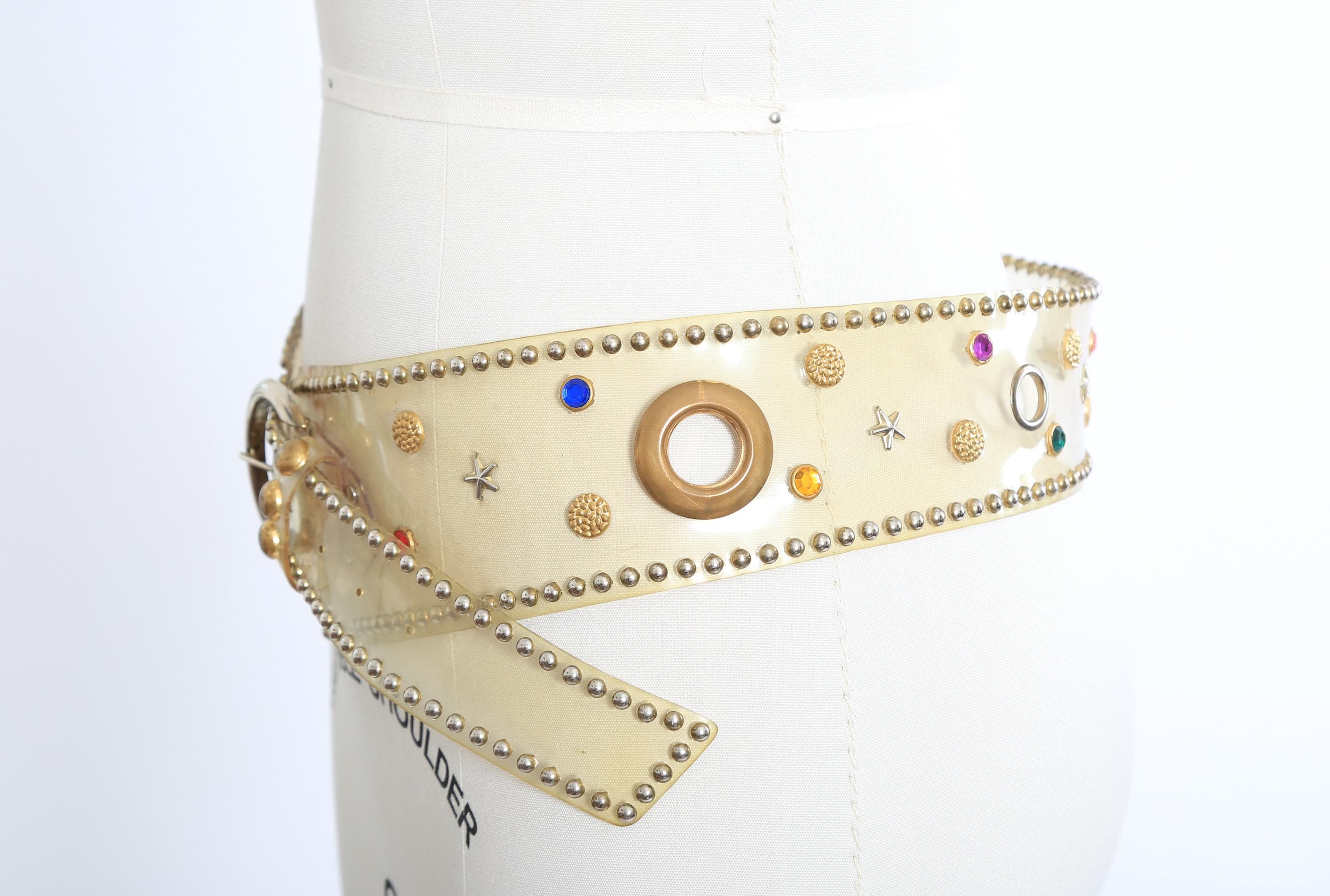 Women\'s Small/Medium Belt Clear Rhinestone Jewel Belt Glam Vintage Clear Plastic Belt, 80s Acrylic Studded Belt, Gold  main image 4