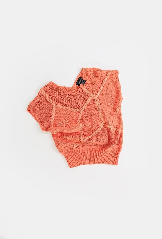 Vintage 90s Salmon orange hand knit crochet ramie 