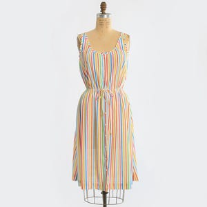 70s Rainbow Dress | Vintage 1970s striped rainbow midi dress