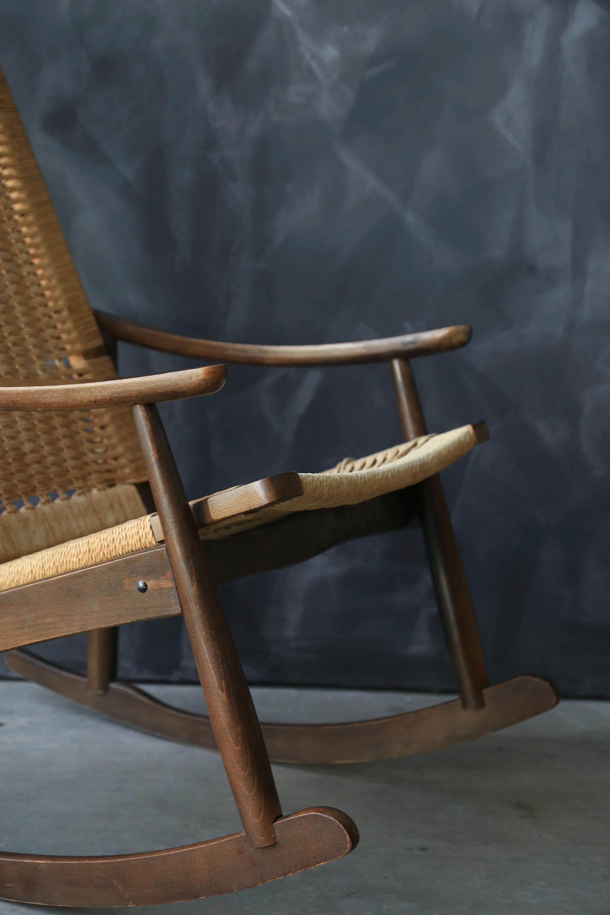 Yugoslavian Rocking Chair Vintage Mid Century Modern Yugoslavia Hans Wegner Style Woven Cord ...