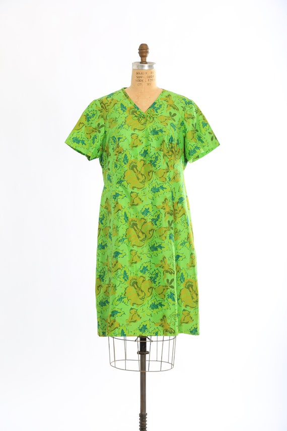 Vintage 60s green floral butterfly skirt shift dr… - image 2