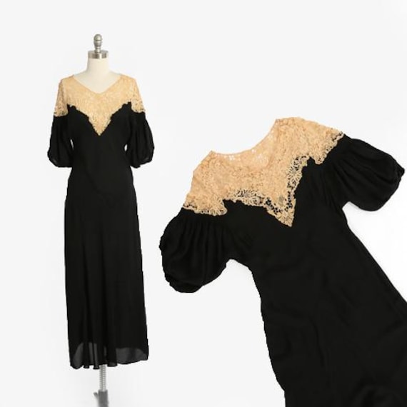 Antique Vintage 1930s bias cut black floral crochet l… - Gem