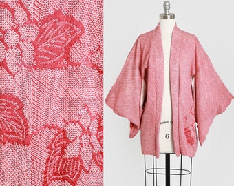 Shibori silk haori | Vintage 50s red floral silk shibori kimono