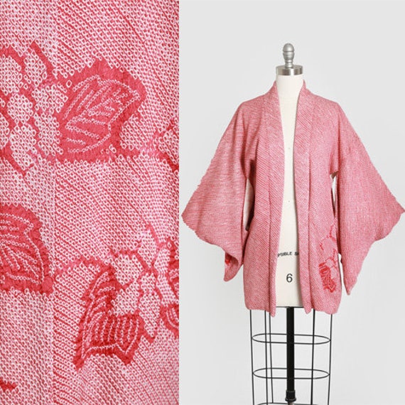 Shibori silk haori | Vintage 50s red floral silk s