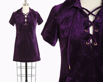 Vintage 60er 70er Jahre Samt Mini Kleid violett | 1960er 1970er Jahre Hippie Minikleid mit Schnürung