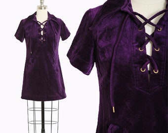 Vintage 60s 70s purple Velvet mini dress | 1960s 1970s lace up hippie mini dress