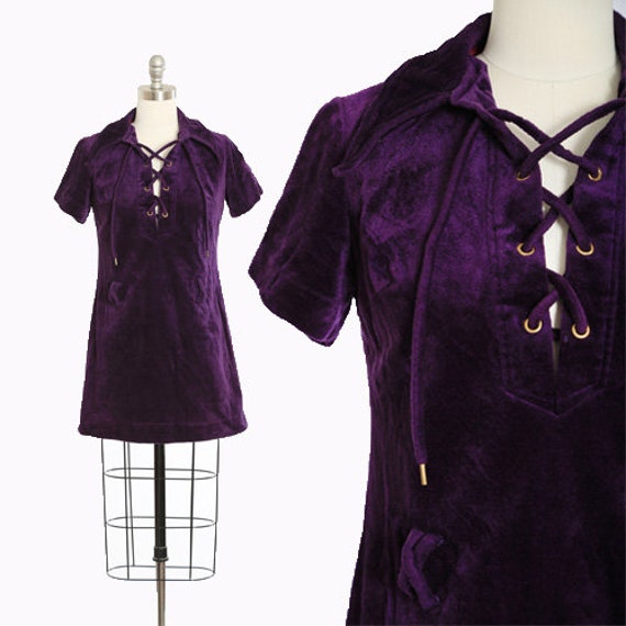 Vintage 60s 70s purple Velvet mini dress | 1960s … - image 1