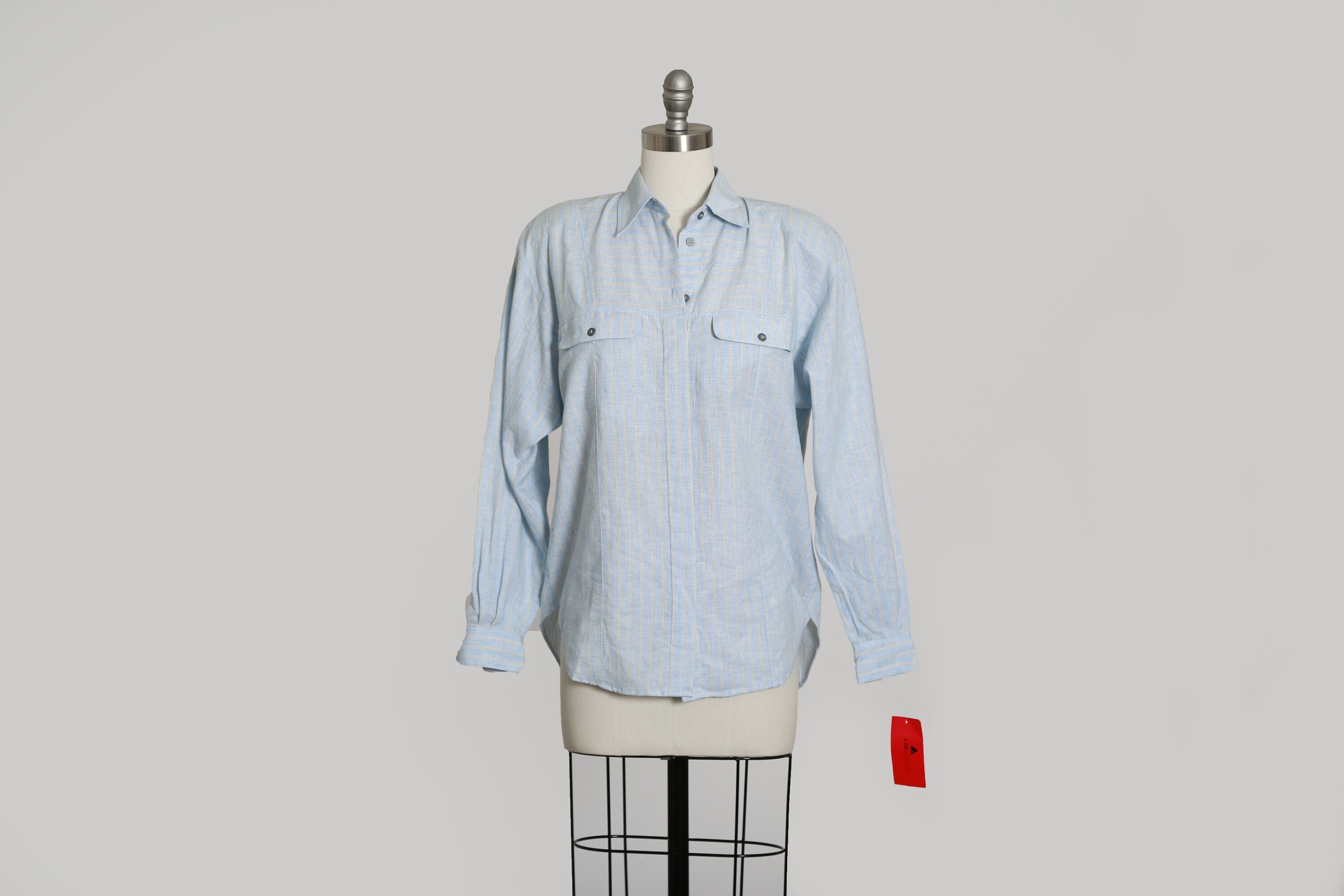 Chemise Lizwear Liz Claiborne Rayée Bleu Manches Courtes Coton Femme Taille L