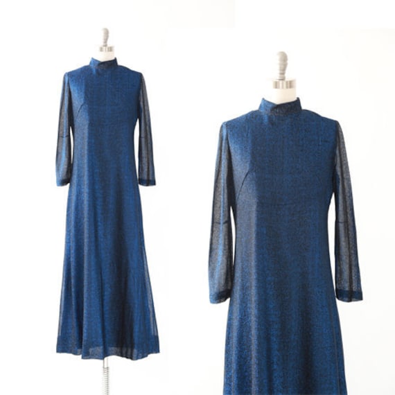 70s blue lurex maxi dress - image 1