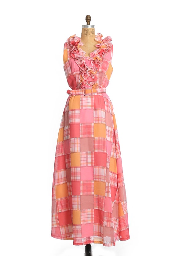 Vintage 70s pink ruffle patchwork print maxi Dres… - image 2