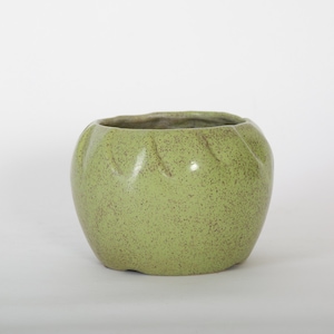 May include: A green ceramic planter with a speckled finish and a rounded shape. The planter has a slightly flared rim and a textured surface.