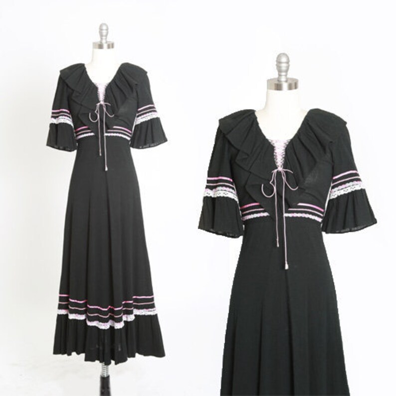 70s black gauze dress | Vintage 70s cotton gauze shops pink lace up maxi dress | 1970s boho