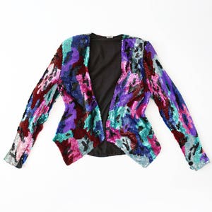 Vintage 80s full sequin abstract SILK cropped dress coat jacket Blazer S