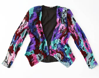 Vintage 80s full sequin abstract SILK cropped dress coat jacket Blazer S