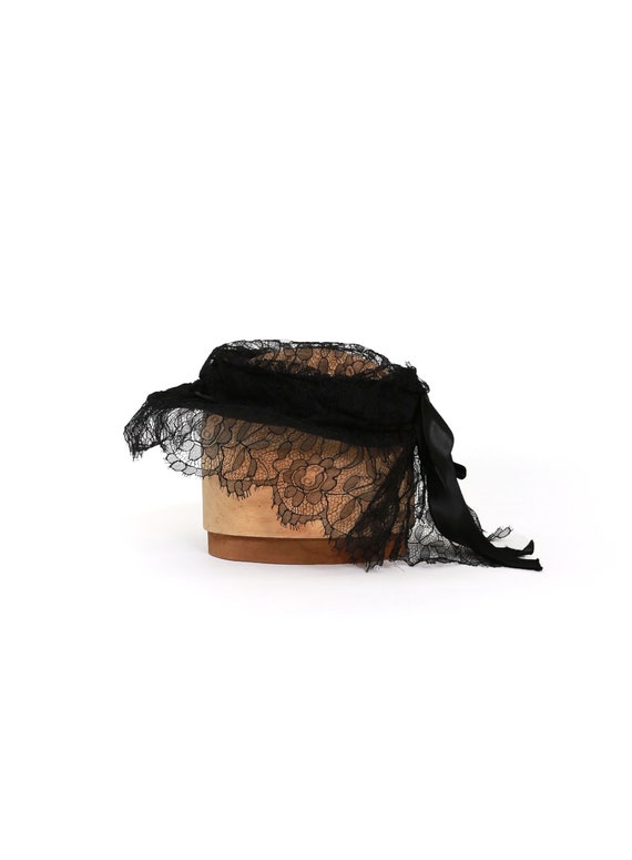 Vintage 1940s Edwardian black lace satin bow hat - image 6