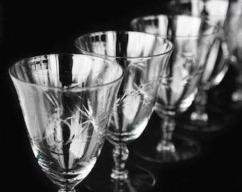 May include: Five clear glass goblets with etched designs stand in a row on a black surface. The goblets are arranged from largest to smallest, with the largest goblet in the foreground.