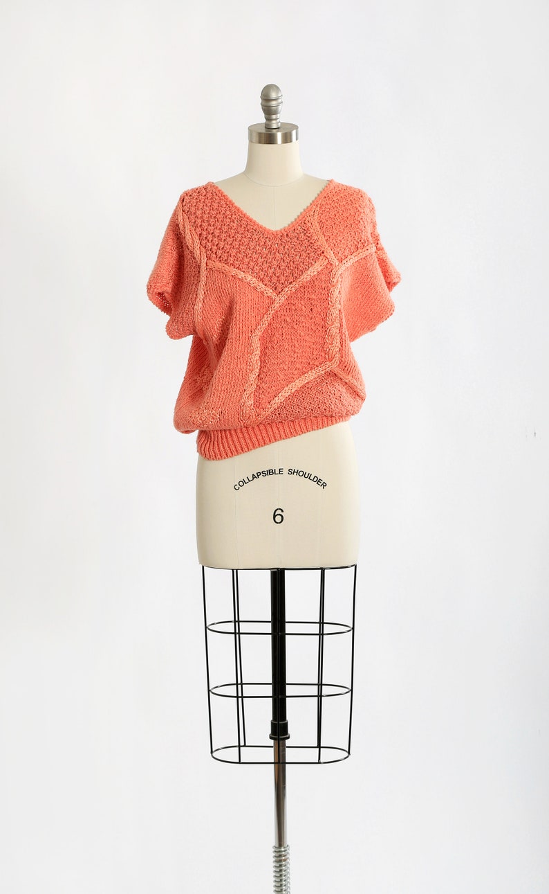 Vintage 90s Salmon orange hand knit crochet ramie cotton sweater image 3