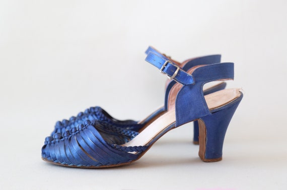 40s blue satin pumps | Vintage 40s braided heels |