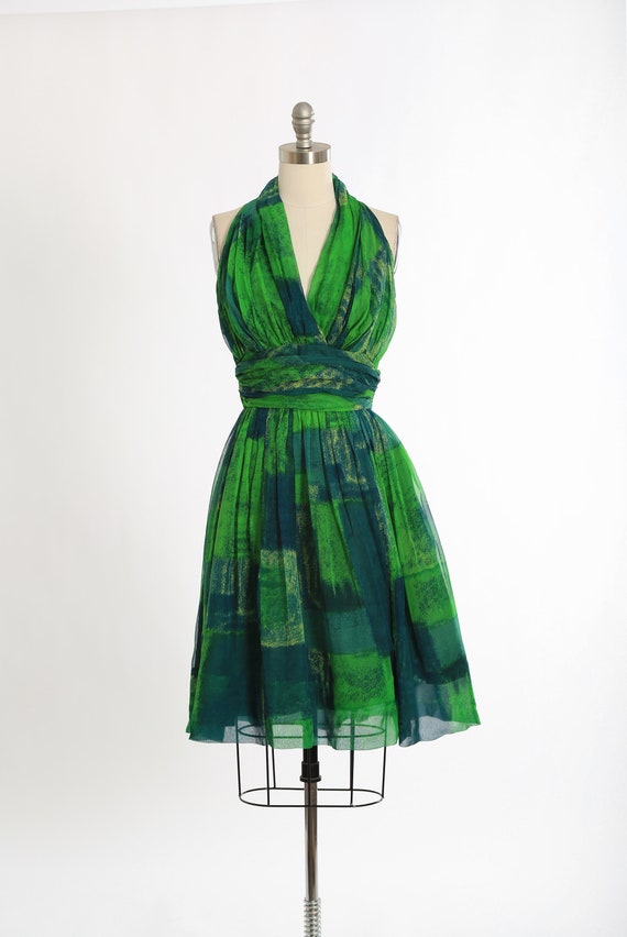 Vintage 50s green silk halter dress | 1950s Jon M… - image 3