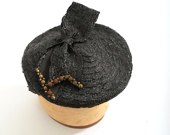 Vintage 1940s black studded straw hat