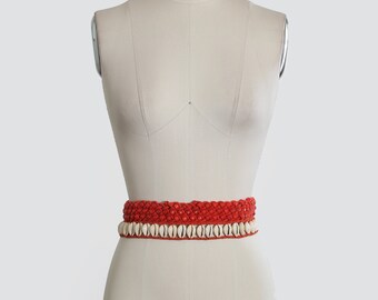 Red and White Handmade Artisan Beaded Belt Handmade Sand Stripe White/Coral Red/Tan Bead Belt with Wood  main image 4