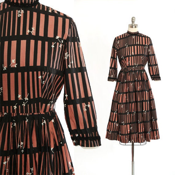 Vintage 50s Victorian striped cotton floral dress - image 1