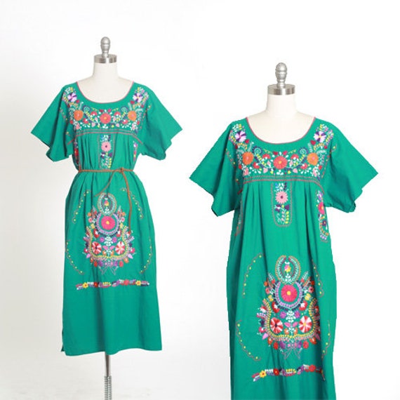 Mexican embroidered dress | Vintage 70s Teal Embro