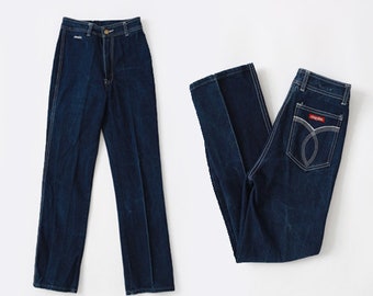 Franse spijkerbroek jaren 70 | Vintage Franse Chardon-jeans jaren 70 | Donkerindigo jeans met hoge taille en rechte pijpen | Jeans Frankrijk Chardon W25