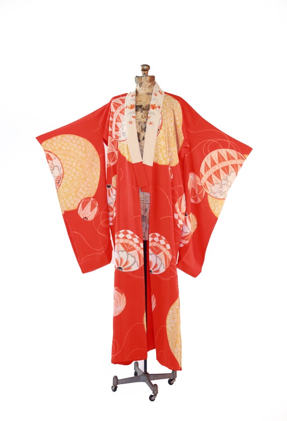 Antique vintage 30s 40s orange silk floral KIMONO
