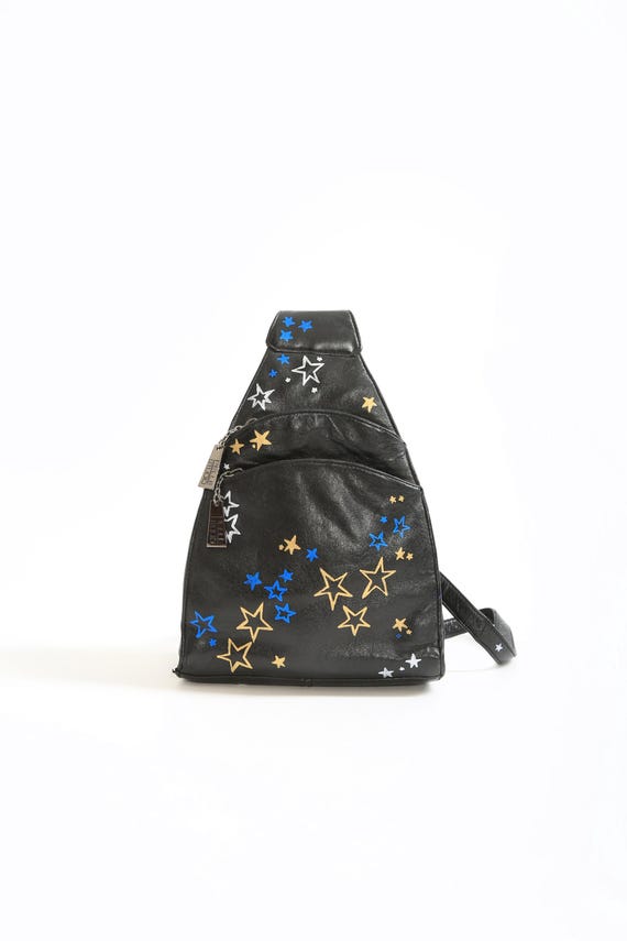 90s COSMOS hand painted Black leather mini backpack