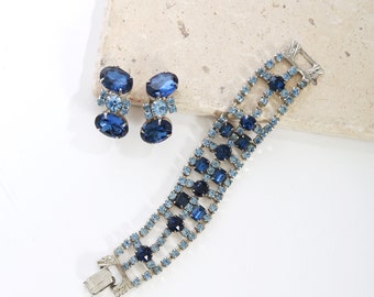 Vintage 50s blue glass rhinestone bracelet + earrings