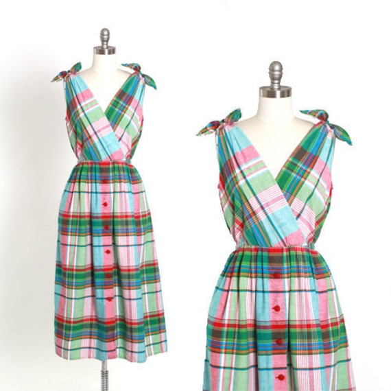 Plaid midi dress | Vintage 90s cotton plaid midi d