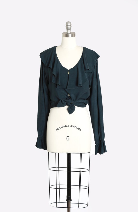 Tie waist blouse | Vintage 90s green ruffle blouse