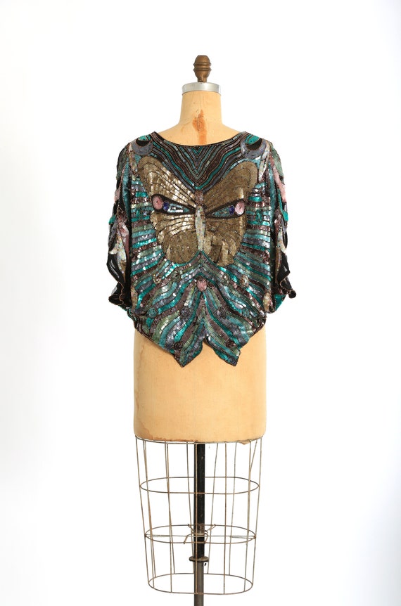 Butterfly silk blouse | Vintage 70s beaded sequin… - image 7